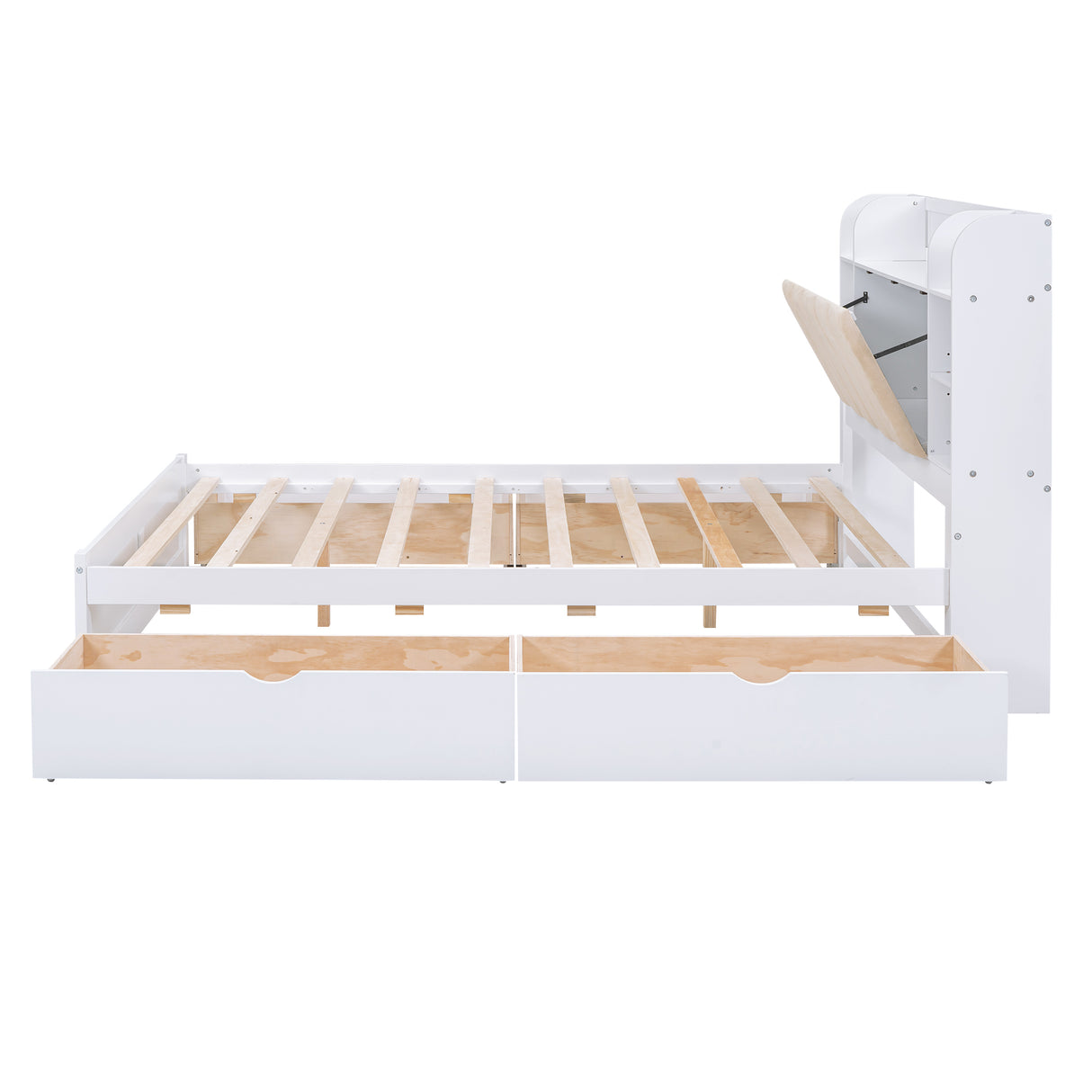 Wood Queen Size Platform Bed with Storage Headboard Shelves and 4 Drawers White
