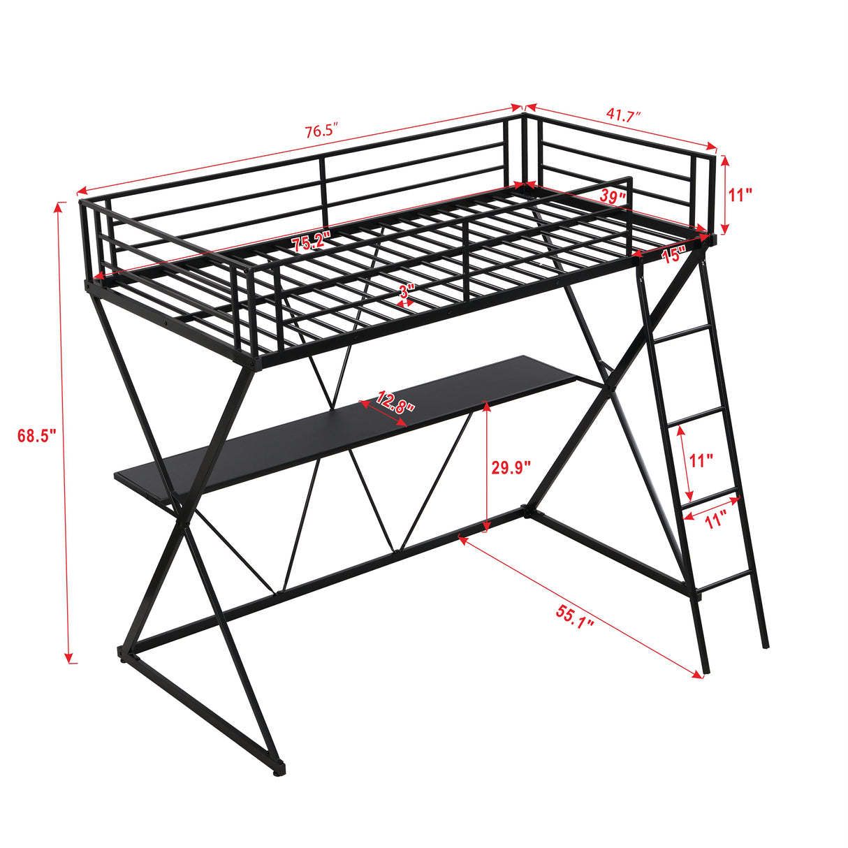 Twin Size Loft Bed with Desk Ladder and Full-Length Guardrails X-Shaped Frame Black