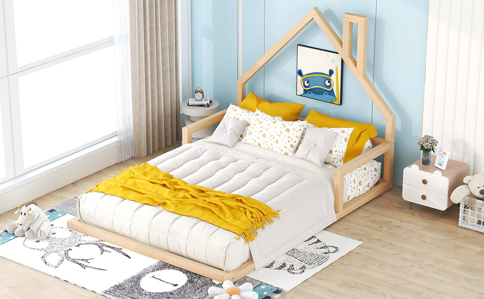 Full Size Wood Floor Bed with House-shaped Headboard Natural
