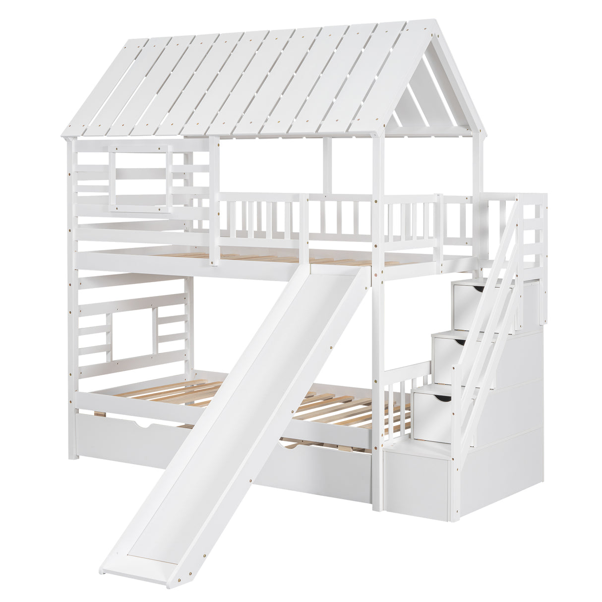 Twin over Twin House Bunk Bed with Trundle and Slide Storage Staircase Roof and Window Design White