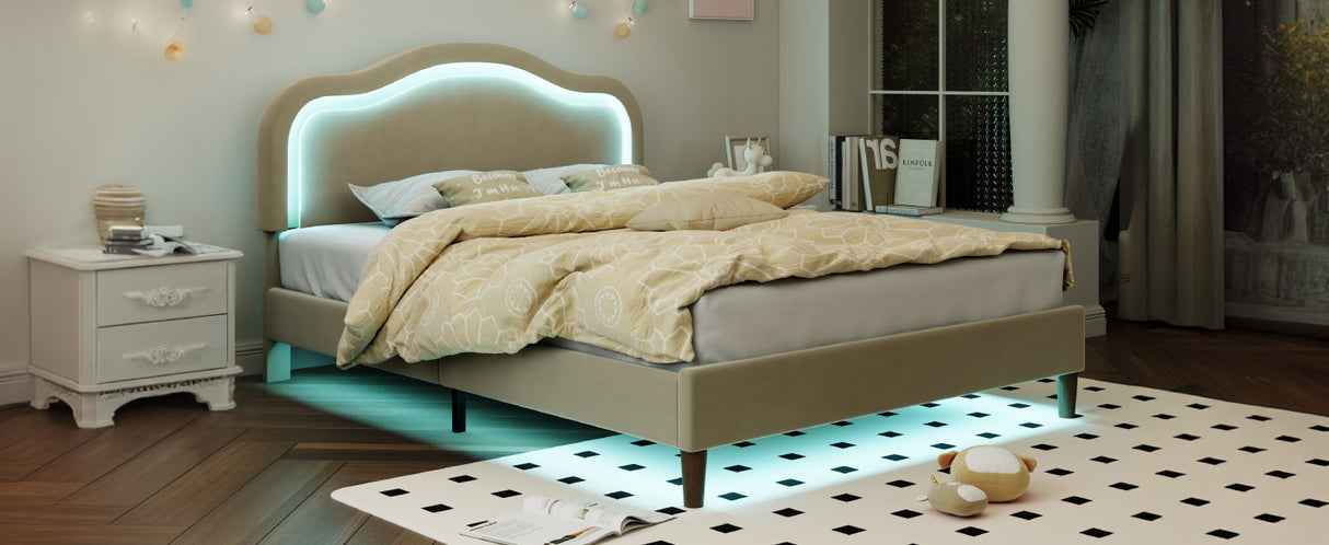 Full Size Velvet Upholstered Smart LED Bed Frame with Adjustable Height Headboard,No Box Spring Needed,Easy Assembly,Beige - V.I.P Digital Presence