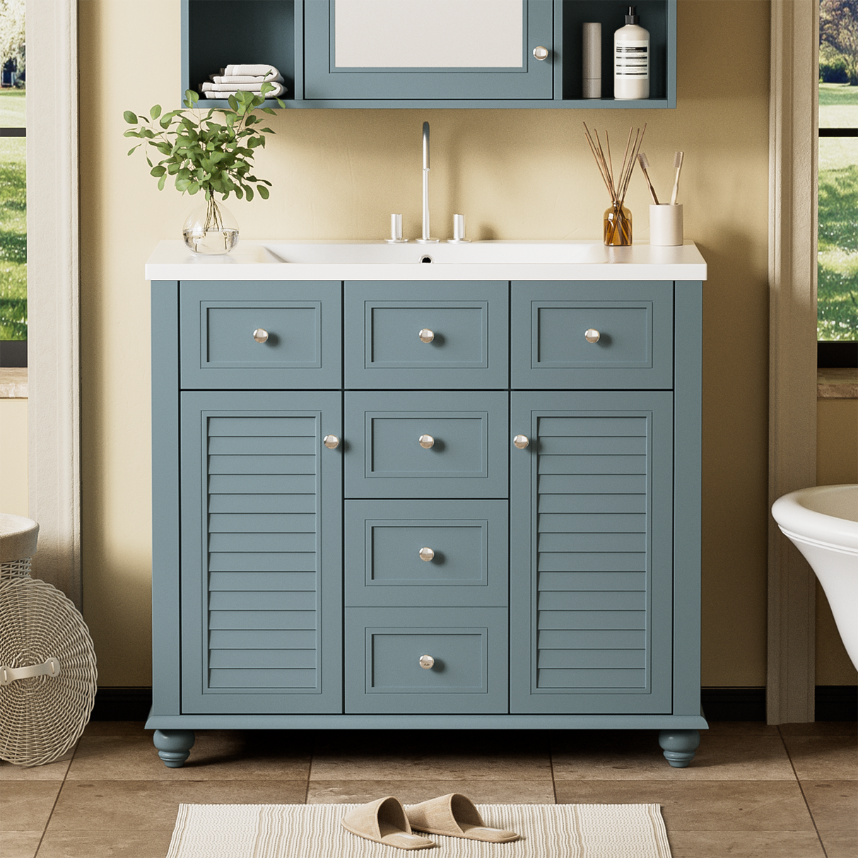 36 "bathroom makeup cabinet with resin sink combination and 2 drawers, with soft closing door, blue color - V.I.P Digital Presence
