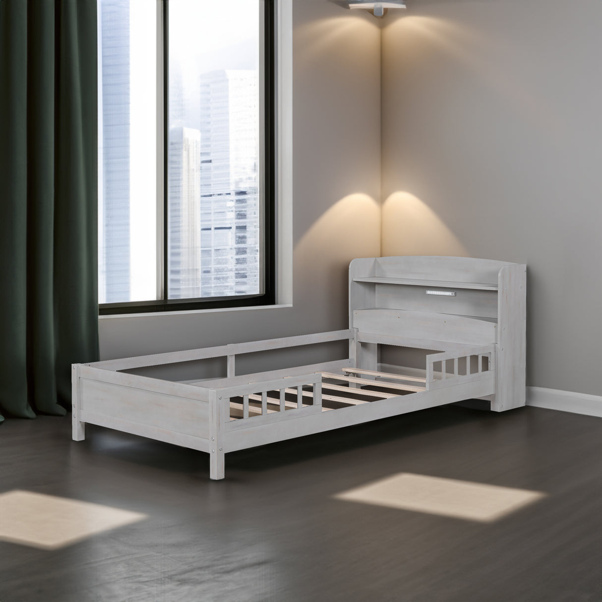Wood Twin Size Platform Bed with Built-in LED Light Storage Headboard and Guardrail Antique Grey