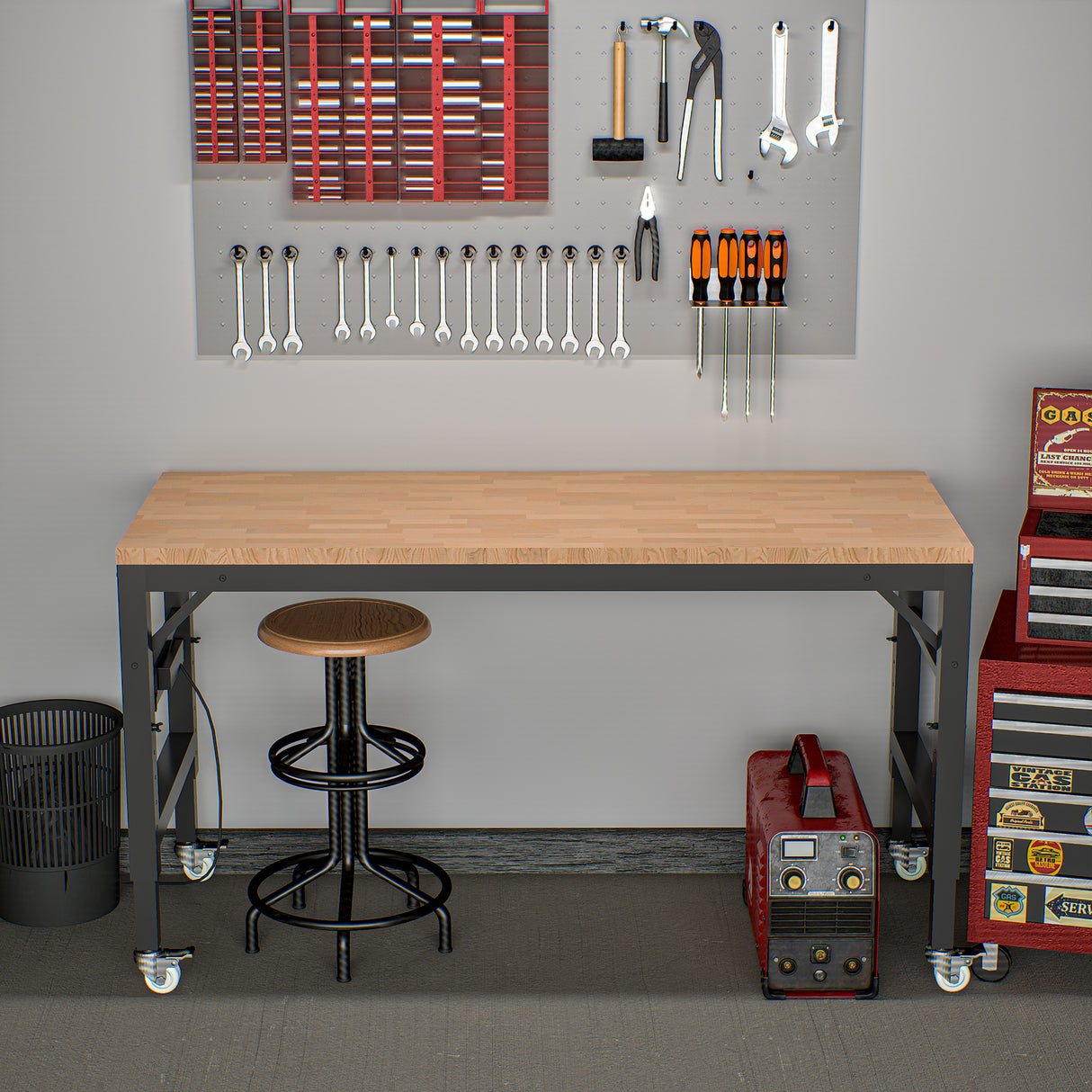 60 inch adjustable garage workbench, rubber wood heavy-duty workstation with power socket and wheels, 2000 pound load capacity - V.I.P Digital Presence