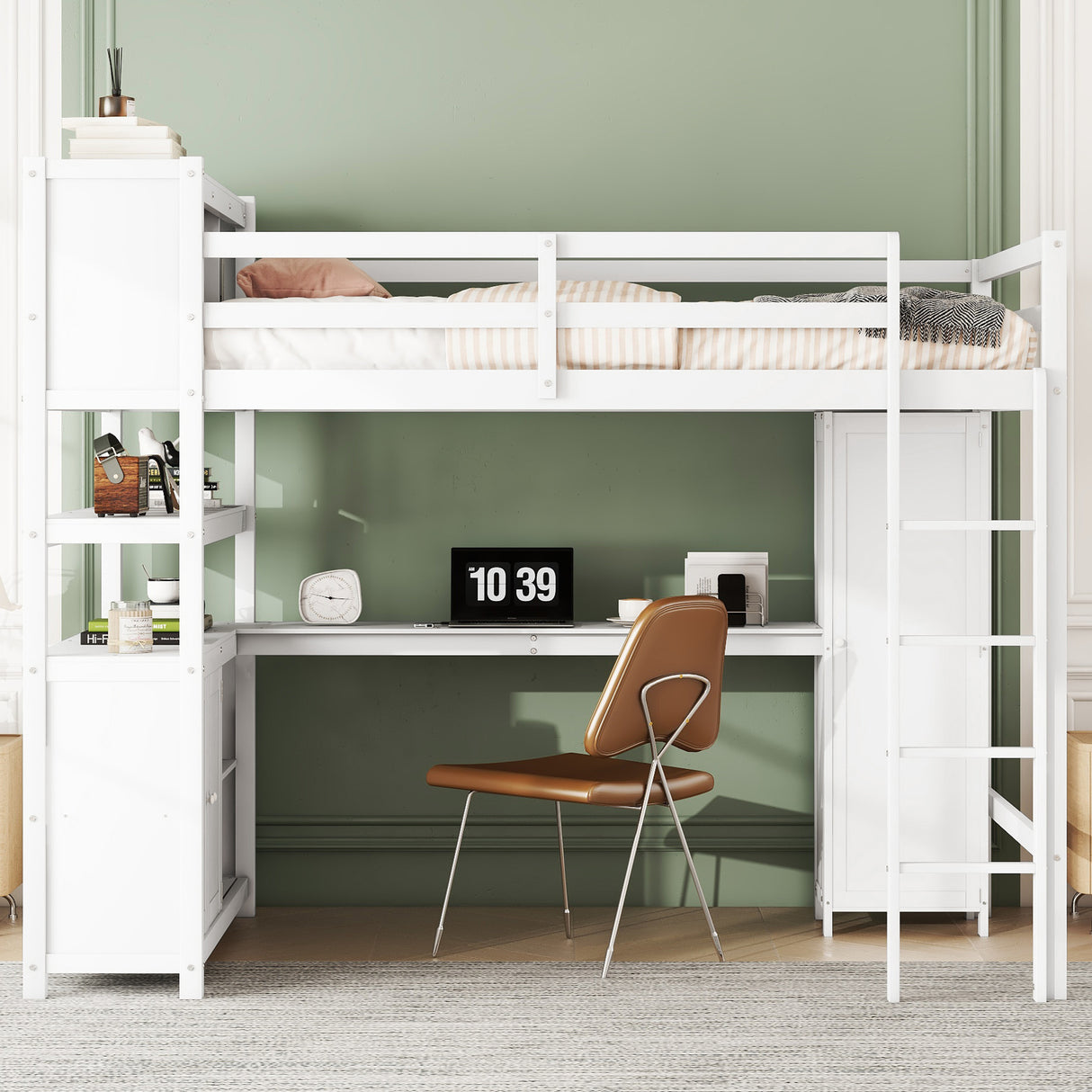 Wood Loft Bed with Cabinet and Bookshelf, Full Size Loft with Wardrobe and Desk for Kids,White - V.I.P Digital Presence