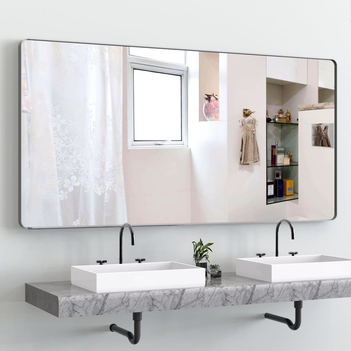 Large bathroom mirror with movable tray wall mounted mirror, vertically and horizontally suspended aluminum frame wall mounted m - V.I.P Digital Presence