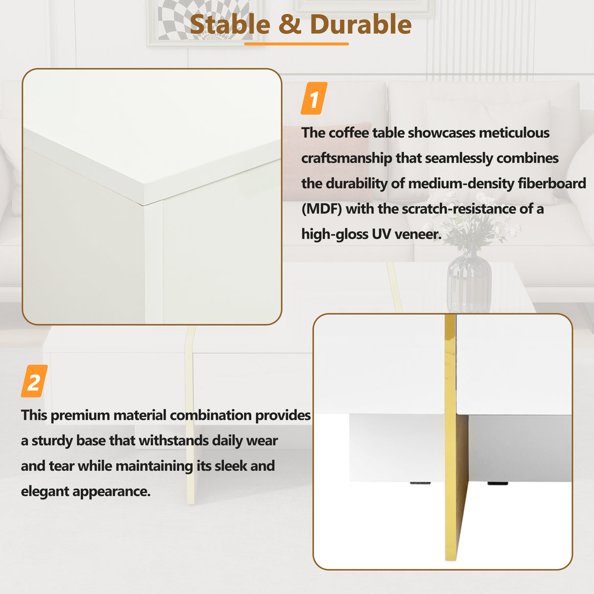 ON-TRANS 47.2 inch x 31.4 inch multifunctional rectangular sofa table with 2 drawers and gold wood grain leg center table, white - V.I.P Digital Presence