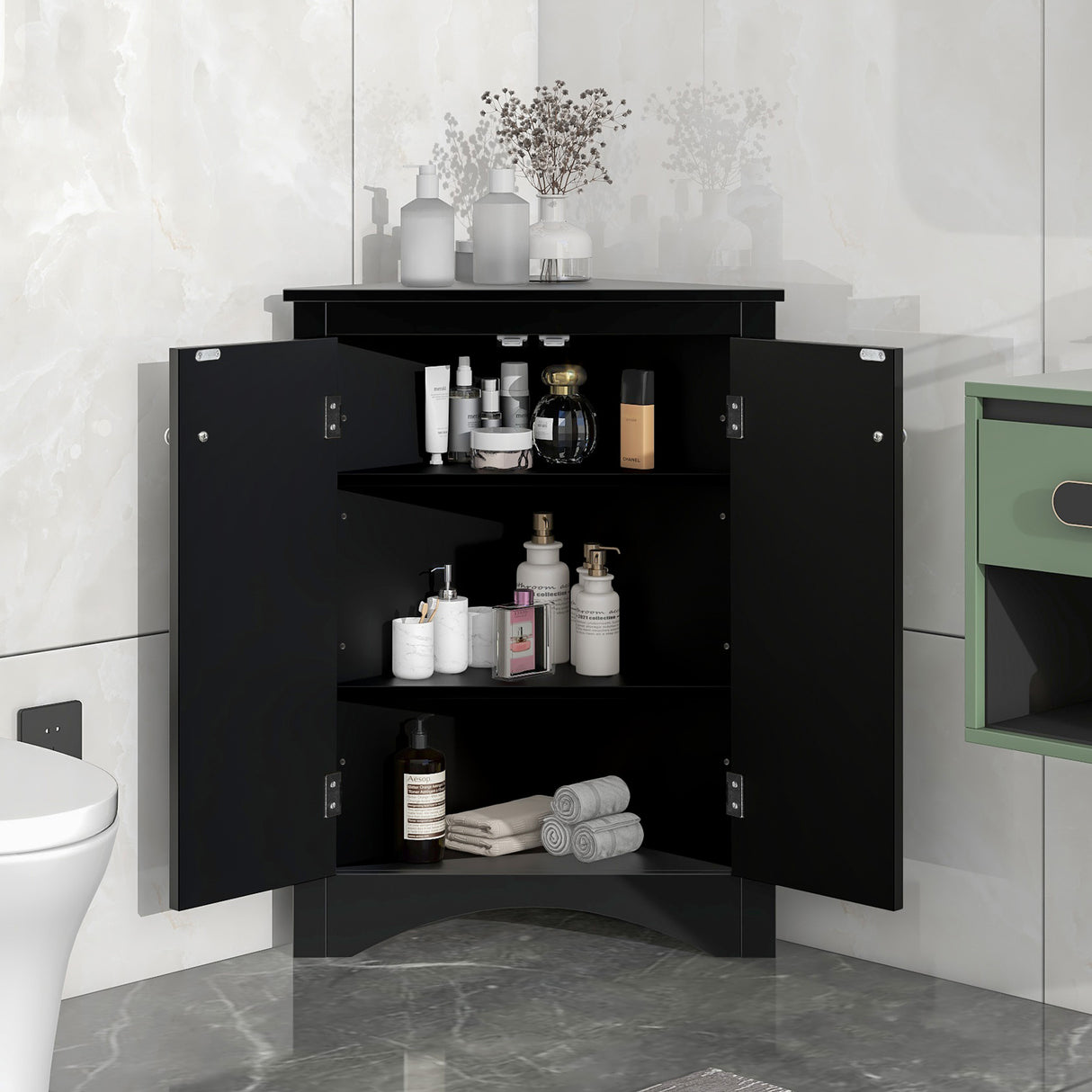 Black Triangle Bathroom Storage Cabinet with Adjustable Shelves, Freestanding Floor Cabinet for Home Kitchen - V.I.P Digital Presence