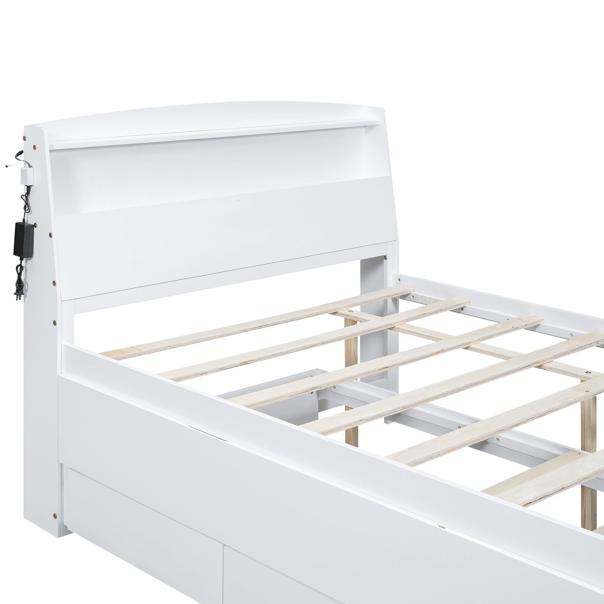 Full Size Platform Bed with Storage LED Headboard Twin Size Trundle and 3 Drawers White