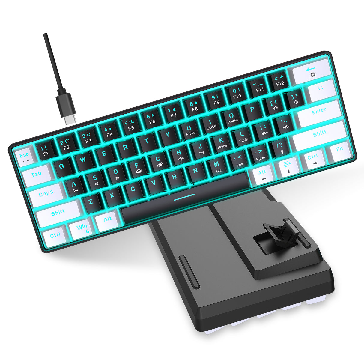 Mechanical keyboard 61 key short style small keyboard for office typing, black and white dual splicing ice blue backlit blue axis gaming keyboard - V.I.P Digital Presence