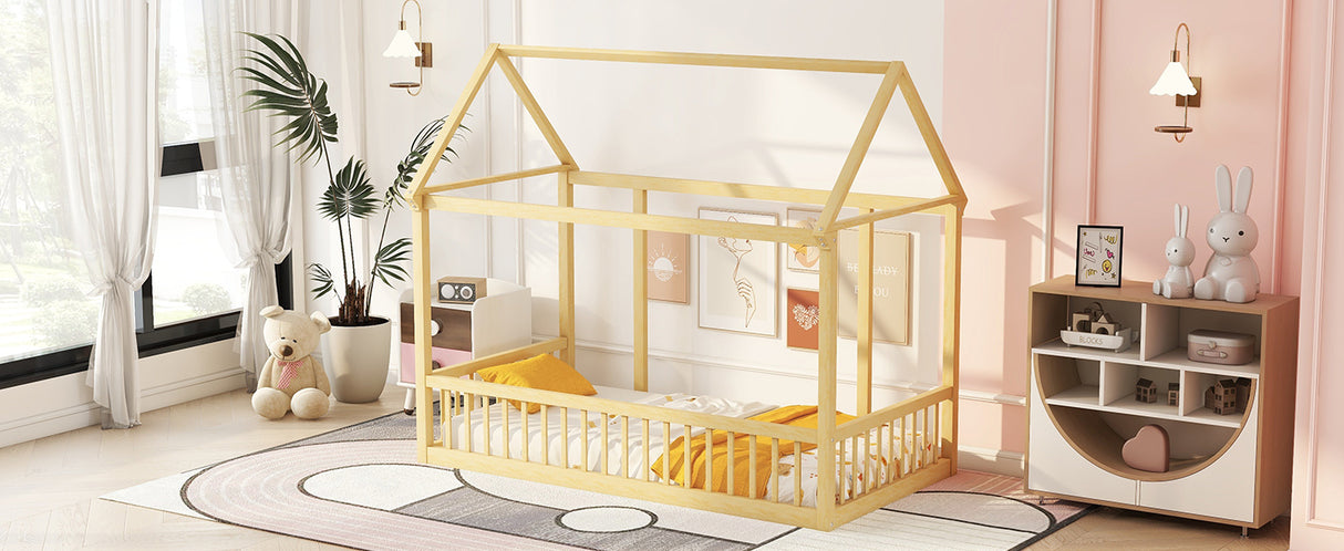 Twin Size Floor Wooden Bed with House Roof Frame and Safety Guardrails,Natural - V.I.P Digital Presence