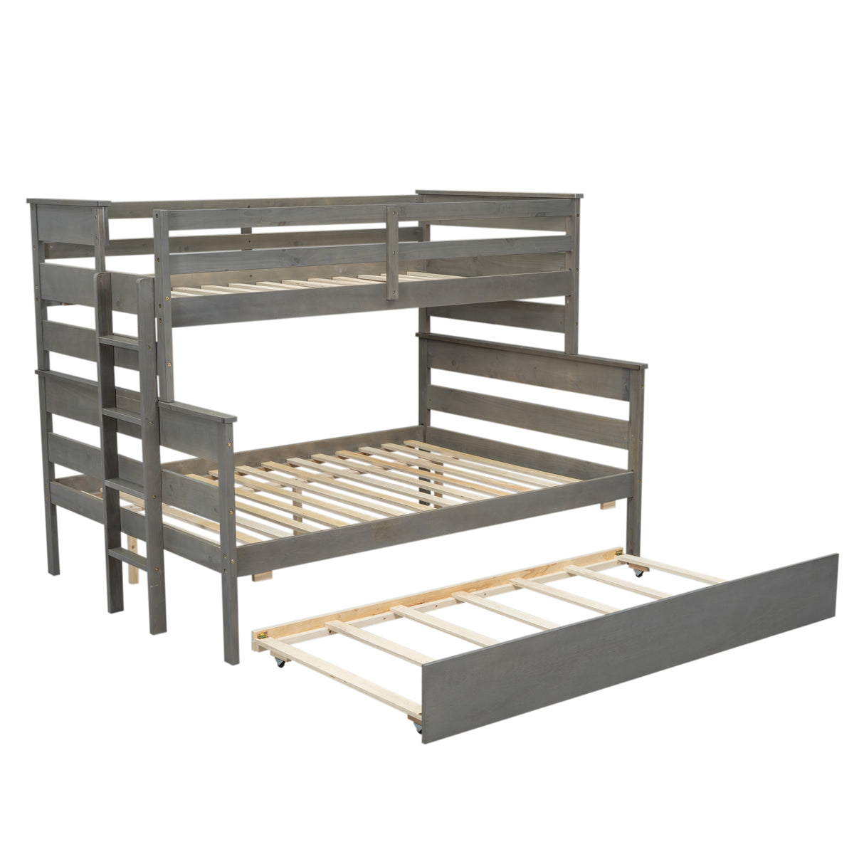 Wood Twin over Full Bunk Bed with Twin Size Trundle Gray