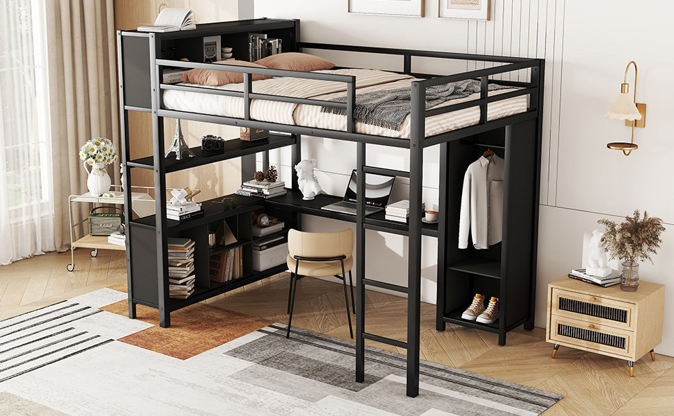 Metal loft bed with wardrobe and L-shaped desk, full-size loft bed with storage cabinet and shelf, heavy-duty loft bed, black - V.I.P Digital Presence