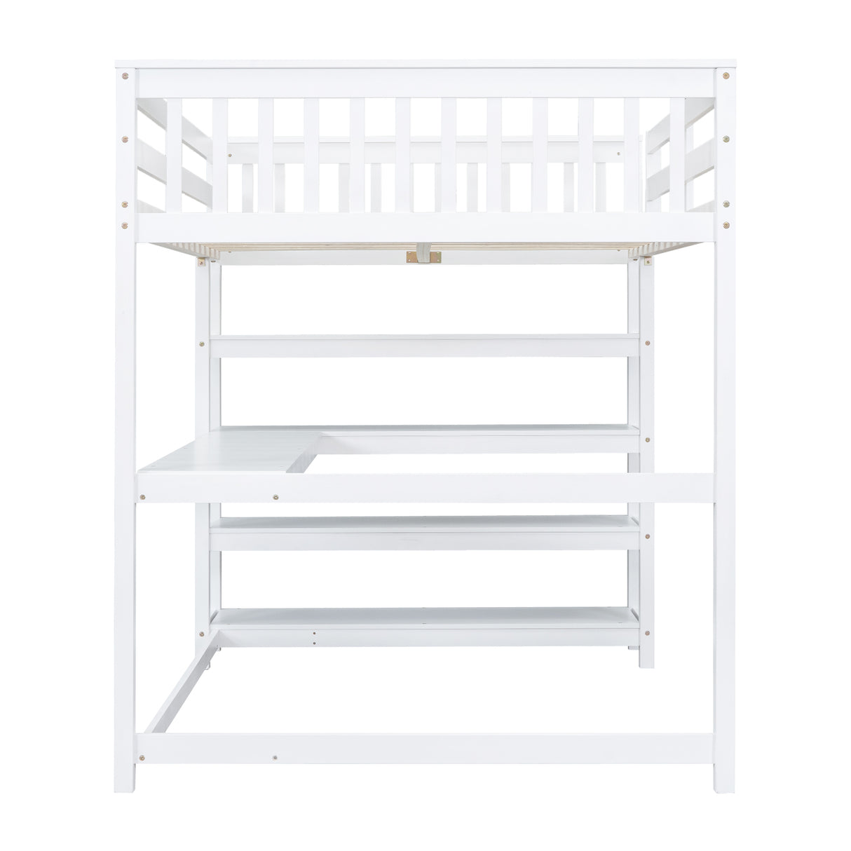 Full Size Loft Bed with Storage Shelves and Under-bed Desk White