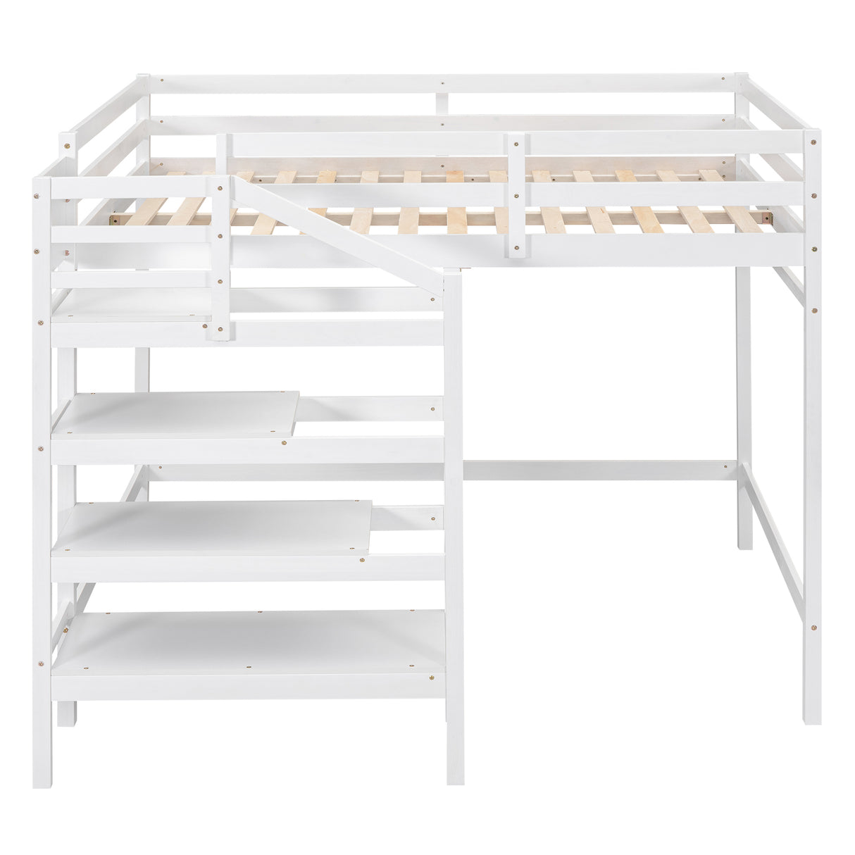 Full Size Loft Bed with Built-in Storage Staircase and Hanger for Clothes White