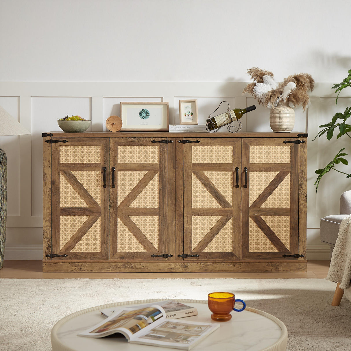 65-Inch Rustic Oak Color Faux Rattan Sideboard, Barn Door Rustic Style Sideboard, Living Room, Entryway, Bedroom - V.I.P Digital Presence