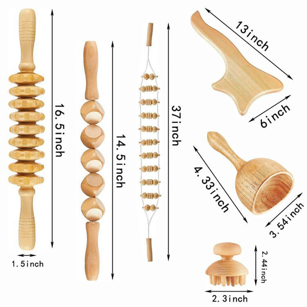 Beech wood therapy scraping cup, meridian dredging roller, tendon rolling stick, scraping board, head massager, massage set - V.I.P Digital Presence