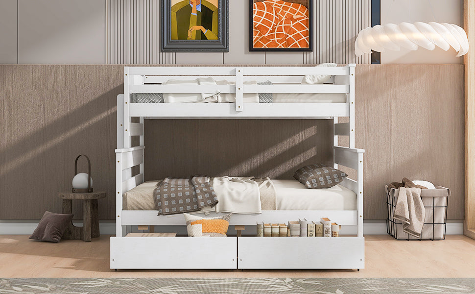 Wood Twin over Full Bunk Bed with 2 Drawers White