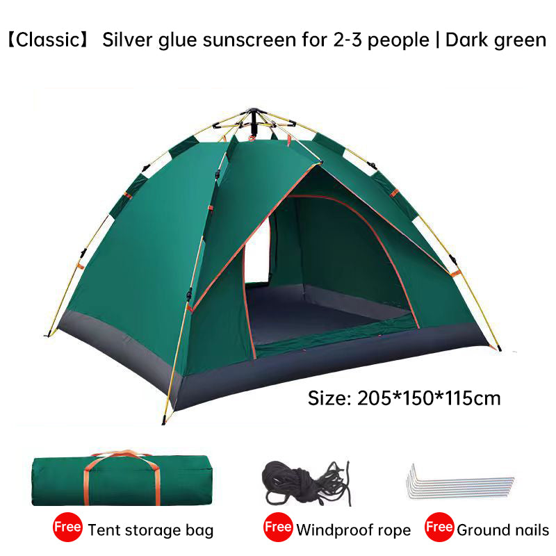Quick-Deploy Green/White Outdoor Tent, Comfortably Accommodating 3-4 People on Camping Trips - V.I.P Digital Presence