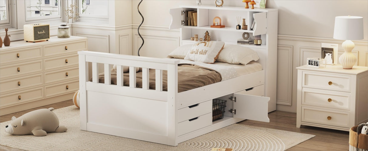 Twin Size Captain Platform Bed Frame with Storage Bookcases and Shelves,Four Drawers,White - V.I.P Digital Presence