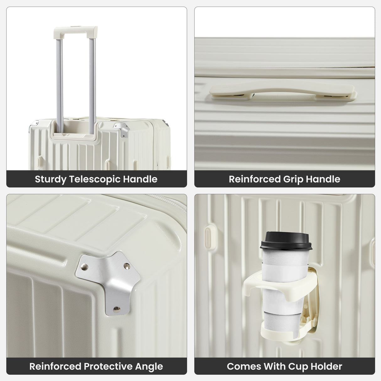 Luggage Set 4 pcs (20"/24"/29"/Travel Bag), PC+ABS Durable Lightweight Luggage with Collapsible Cup Holder、 TSA Lock, White