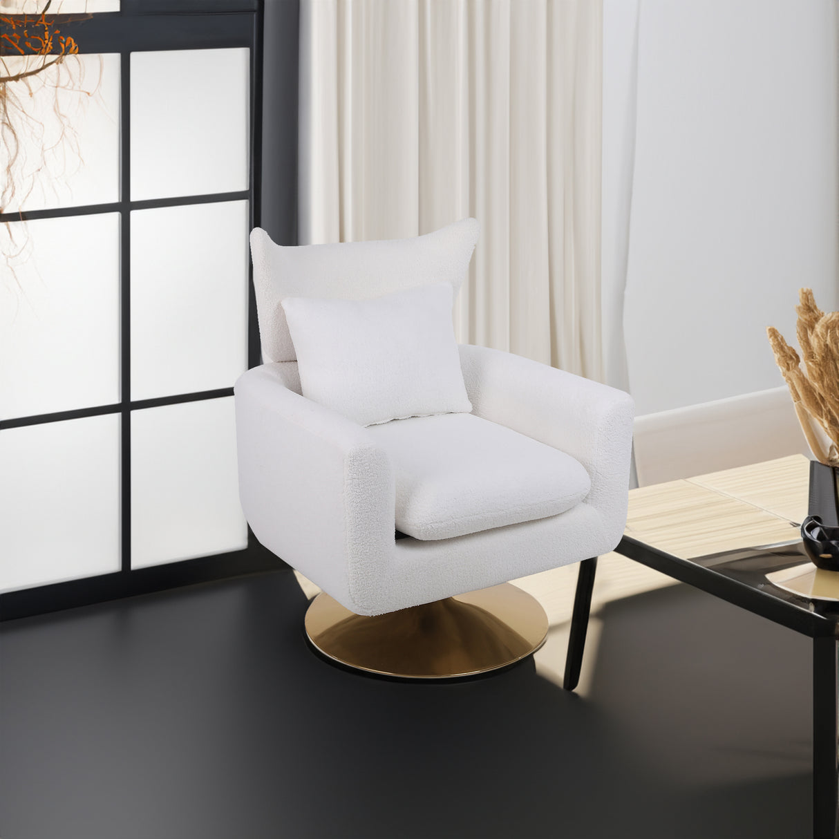 Classic Mid-Century 360-degree Swivel Accent Chair, White Teddy Fabric