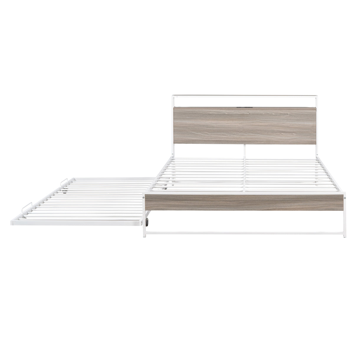 Queen Size Metal Platform Bed Frame with Trundle, USB Ports and Slat Support ,No Box Spring Needed White - V.I.P Digital Presence