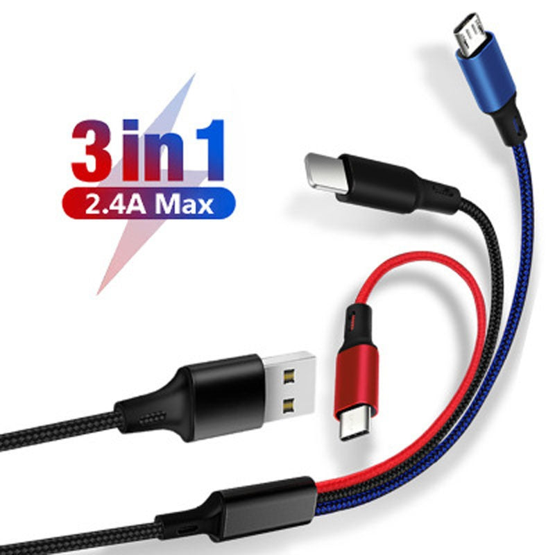 One to three data cable nylon braided three head fast charging mobile phone charging cable - V.I.P Digital Presence