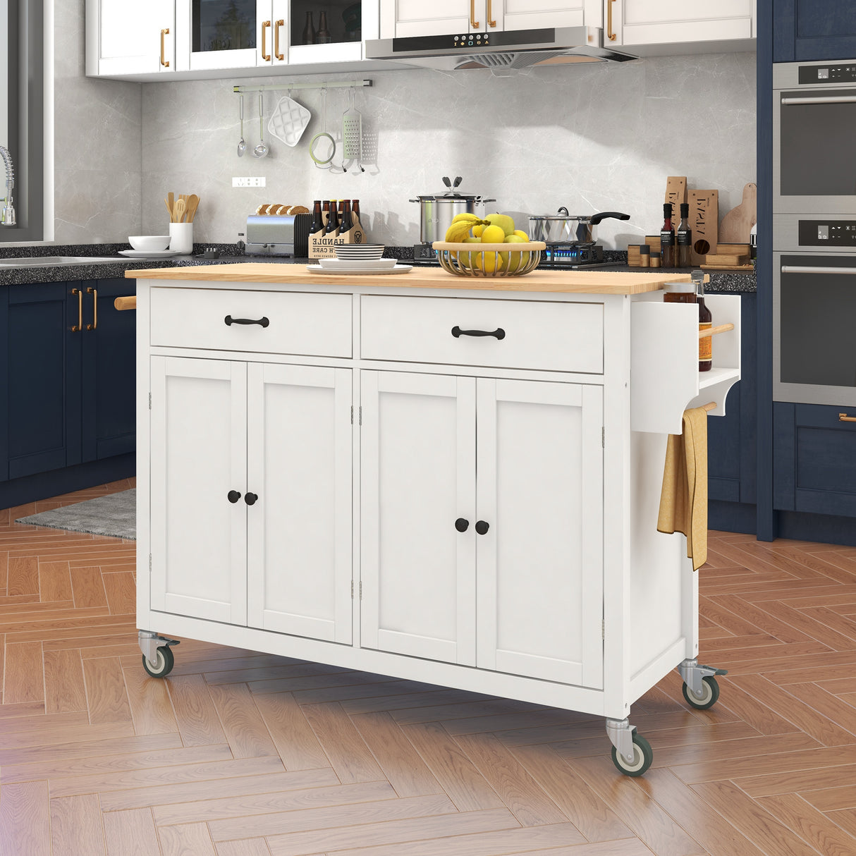 Kitchen Island Cart with Solid Wood Top and Locking Wheels 54.3 Inch Width (White)