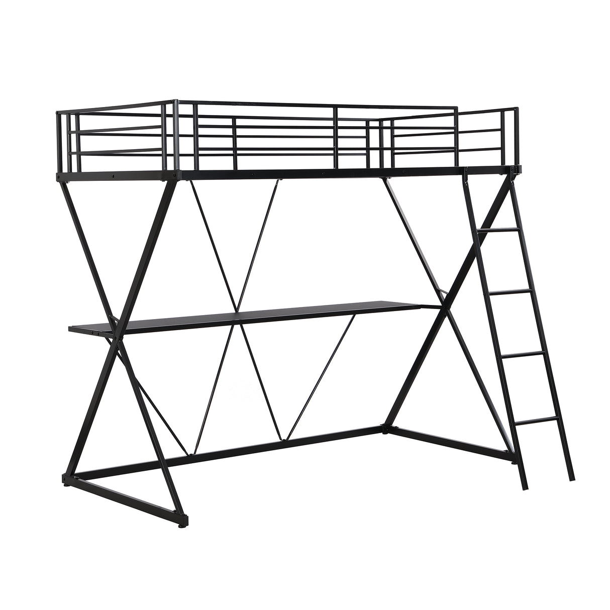 Twin Size Loft Bed with Desk Ladder and Full-Length Guardrails X-Shaped Frame Black