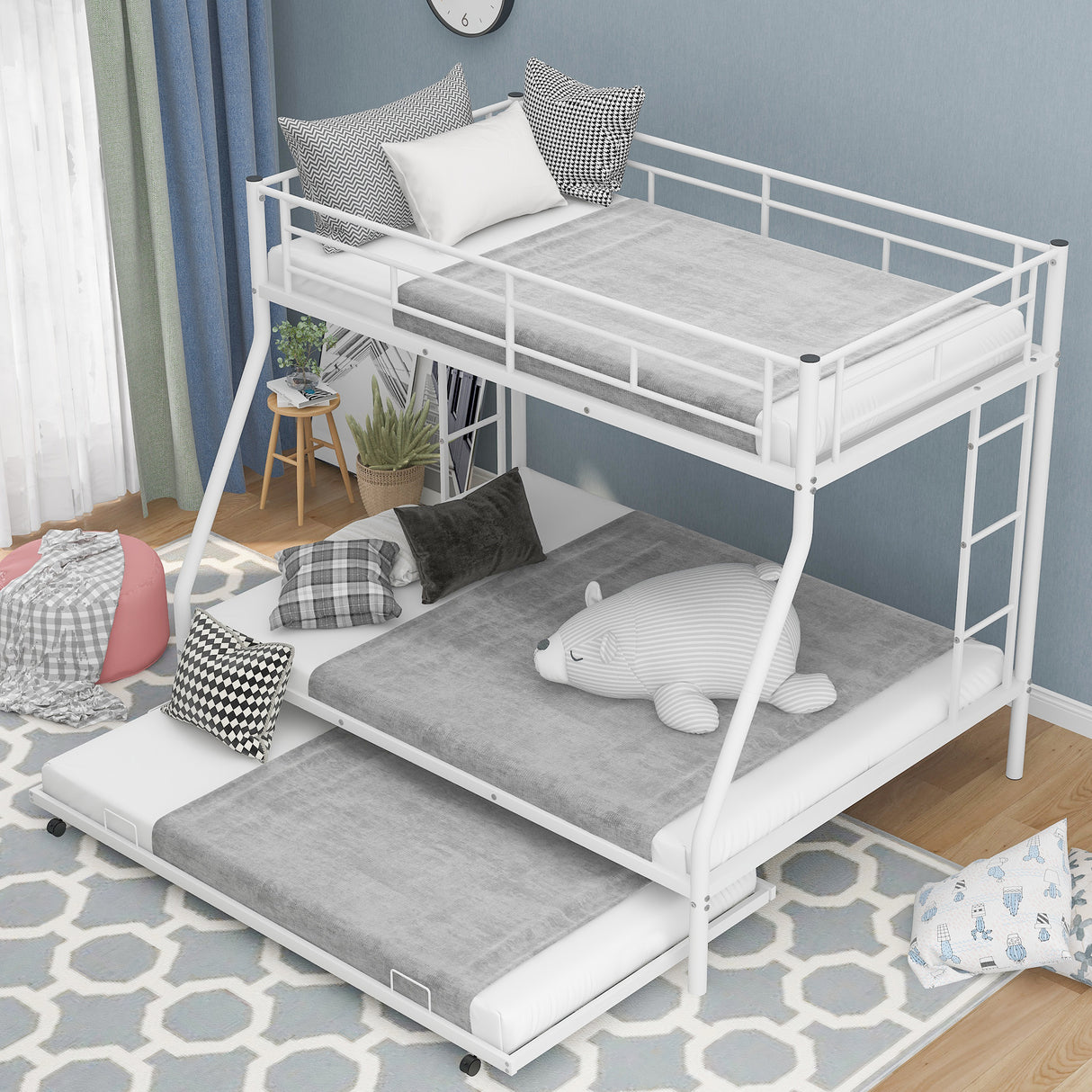 Twin over Full Bed with Sturdy Steel Frame Bunk Bed with Twin Size Trundle Two-Side Ladders White
