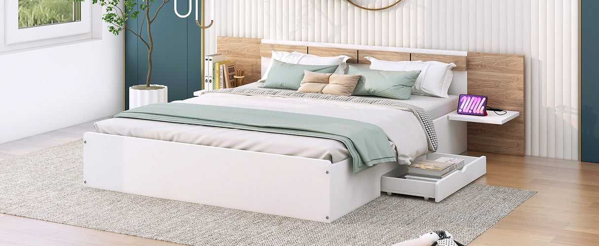 Queen Size Platform Bed with Headboard, Drawers, Shelves, USB Ports and Sockets White