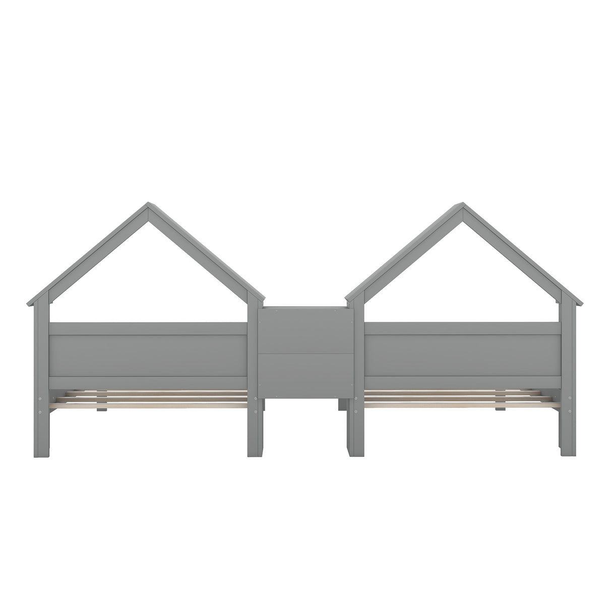 Double Twin Size Platform Bed with House-shaped Headboard and a Built-in Nightstand Grey
