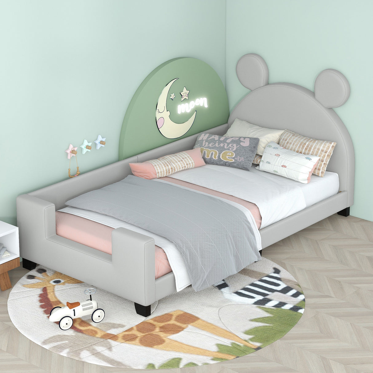 Twin Size Upholstered Daybed with Carton Ears Shaped Headboard Grey