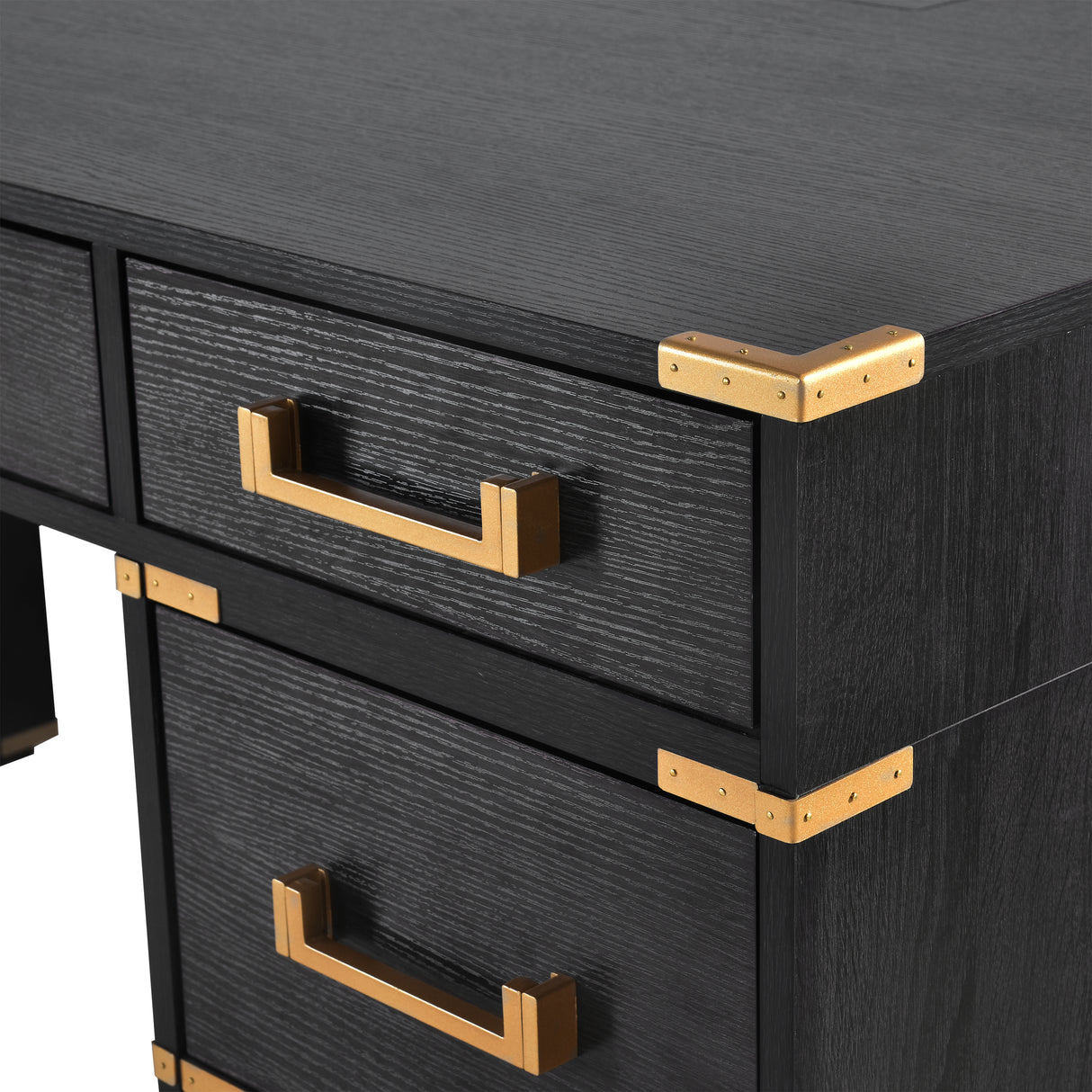 70 inch classic and traditional executive desk with metal trim, writing desk with 2 file drawers, USB ports, and sockets, black - V.I.P Digital Presence