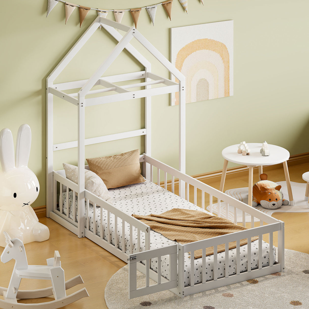 Wooden Twin Size Children's Bed with Detachable Headboard and Integrated Clothes Drying Rack, White - V.I.P Digital Presence