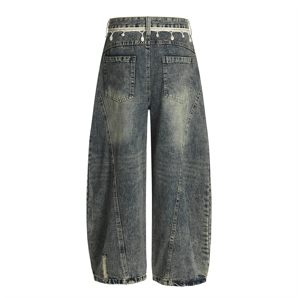 Punk Retro Washed Distressed Denim Wide-Leg Pants Men's Trendy Unique Design Loose Fit Flared Trousers - V.I.P Digital Presence