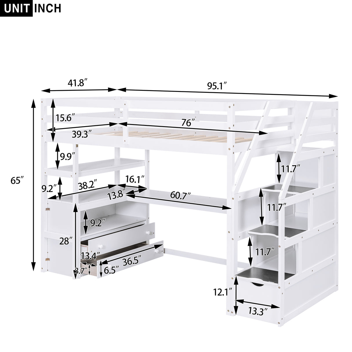 Twin Size Loft Bed with Desk and Shelves Two Built-in Drawers Storage Staircase White