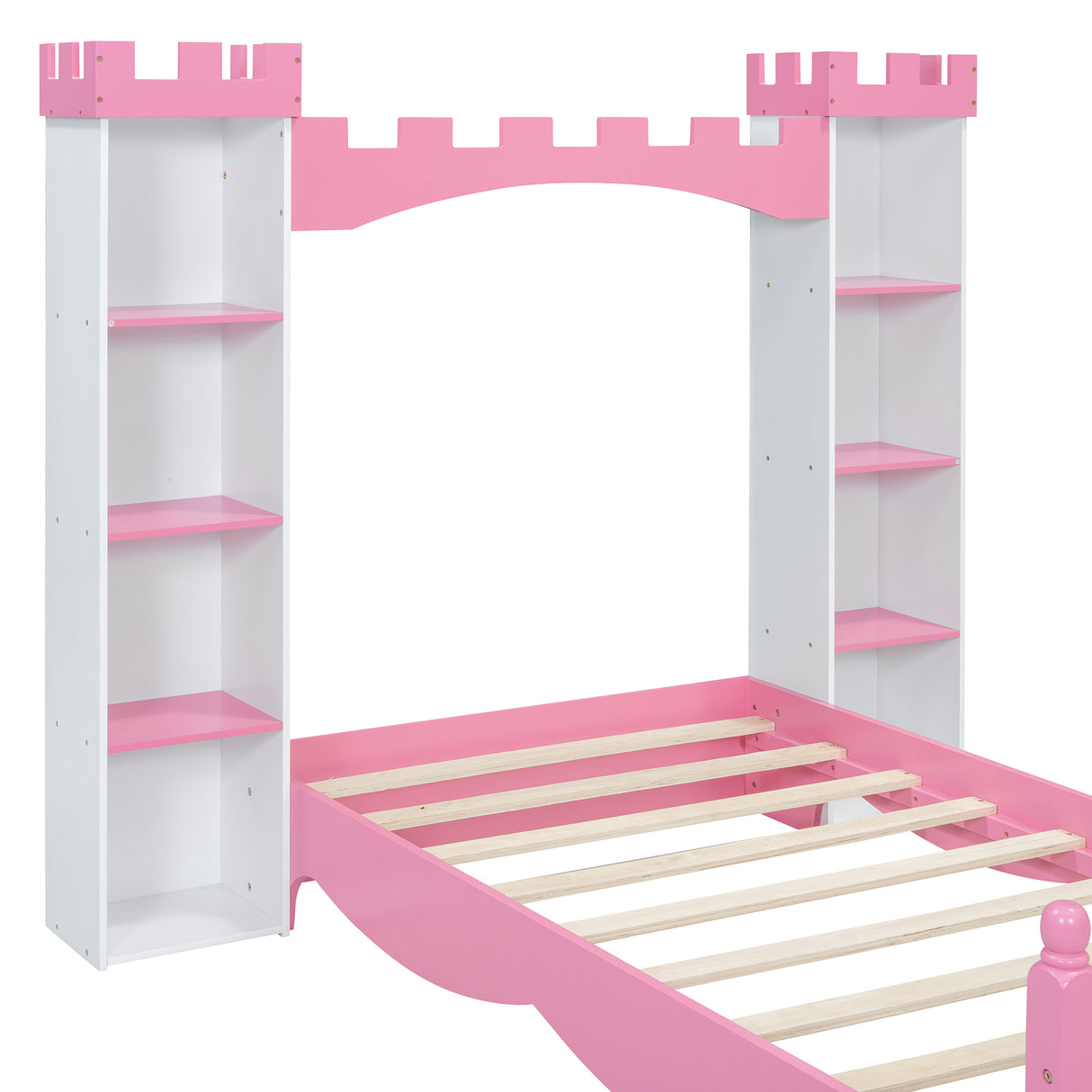 Castle-Shaped Wooden Bed with Storage Shelf, Dreamy Twin Size Platform Bed for Kids Bedroom, White + Pink - V.I.P Digital Presence