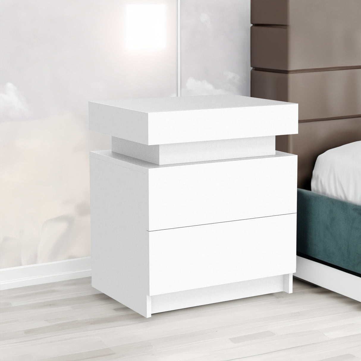 Modern white Nightstand With 2 Storage Drawers,Led Lights, End Table For Bedroom Furniture - V.I.P Digital Presence