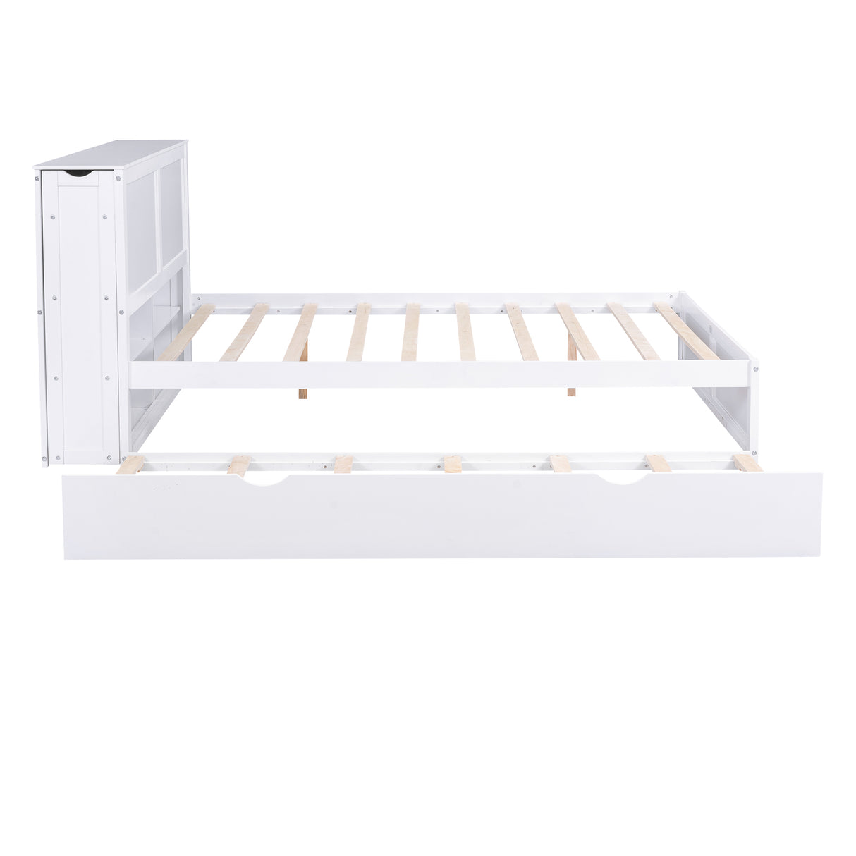 Queen Size Storage Platform Bed with Pull Out Shelves and Twin XL Size Trundle White