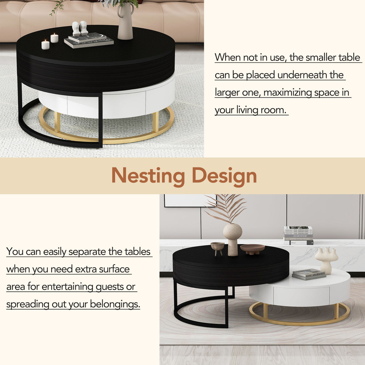 Modern Round Lift-top Nesting Coffee Tables with 2 Drawers White & Black