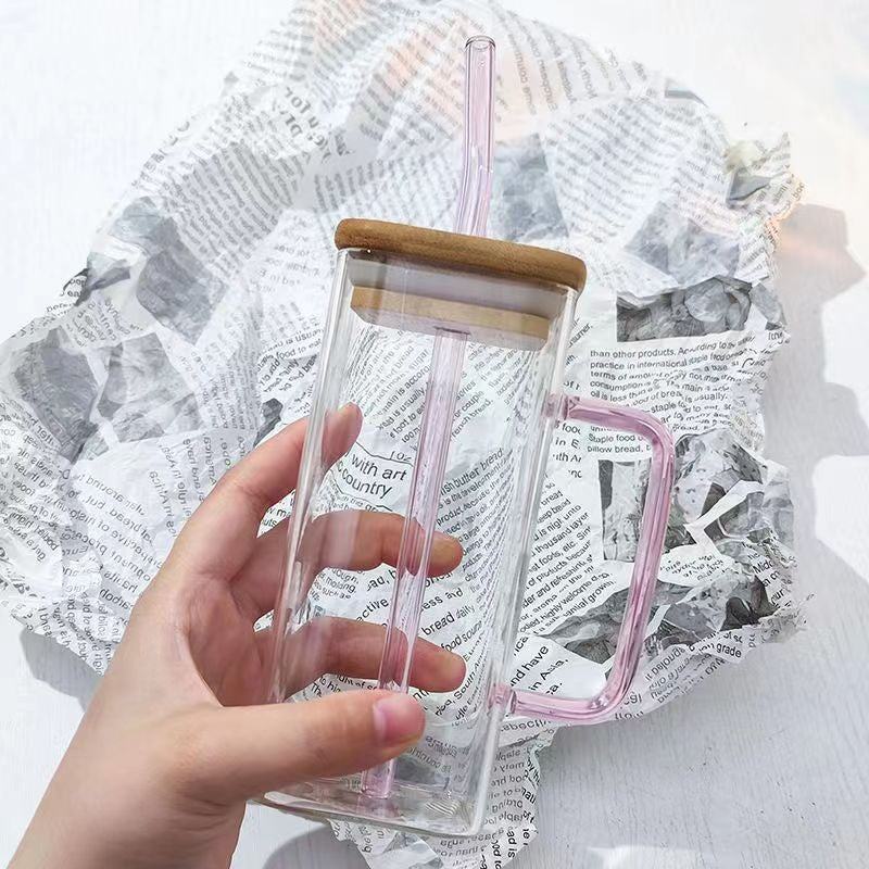Square colored handle cup glass straw cup with lid milk tea cup with large capacity - V.I.P Digital Presence