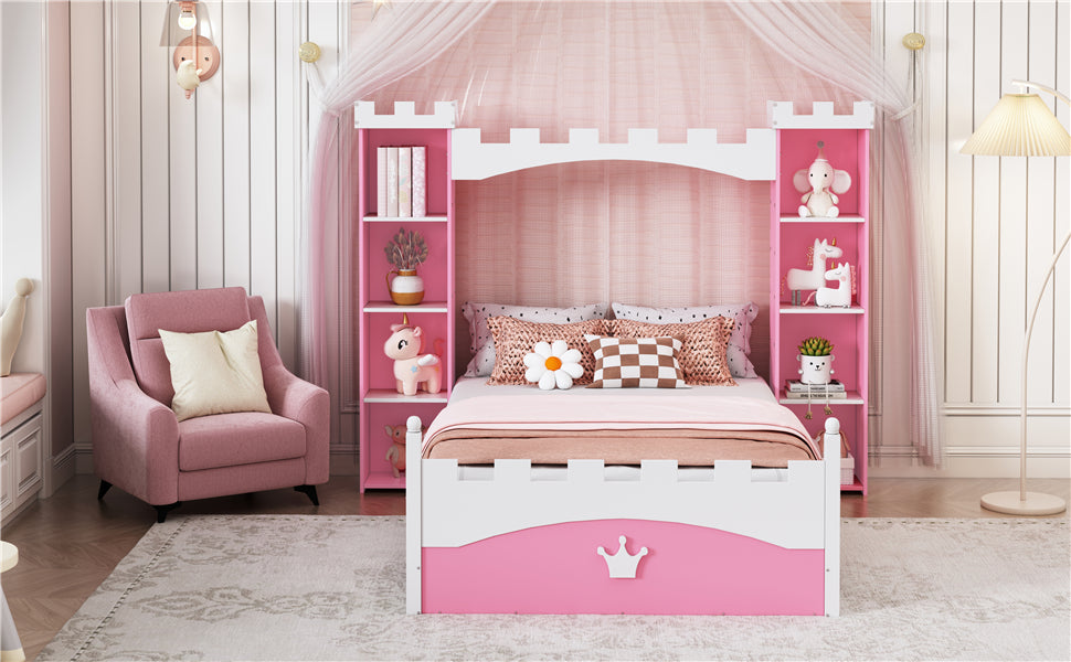 Castle-Shaped Wooden Bed with Storage Shelf, Dreamy Twin Size Platform Bed for Kids Bedroom, Pink+ White - V.I.P Digital Presence