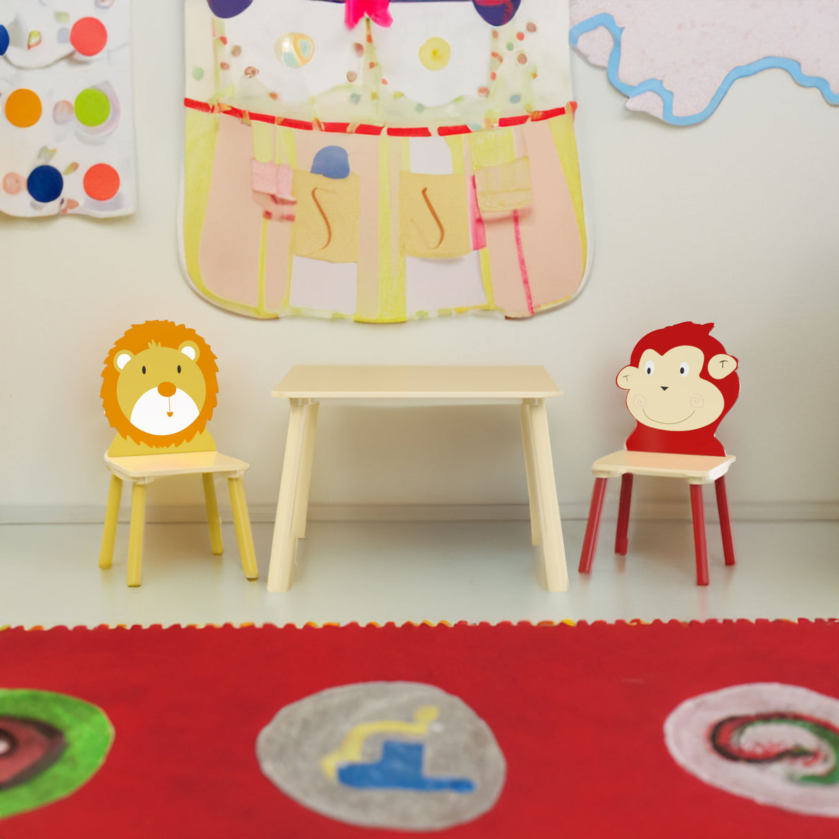 Kids Table and 2 Chairs Set 3 Pieces Toddler Table and Chair Set Wooden Activity Play Table Set (Lion&Monkey) - V.I.P Digital Presence