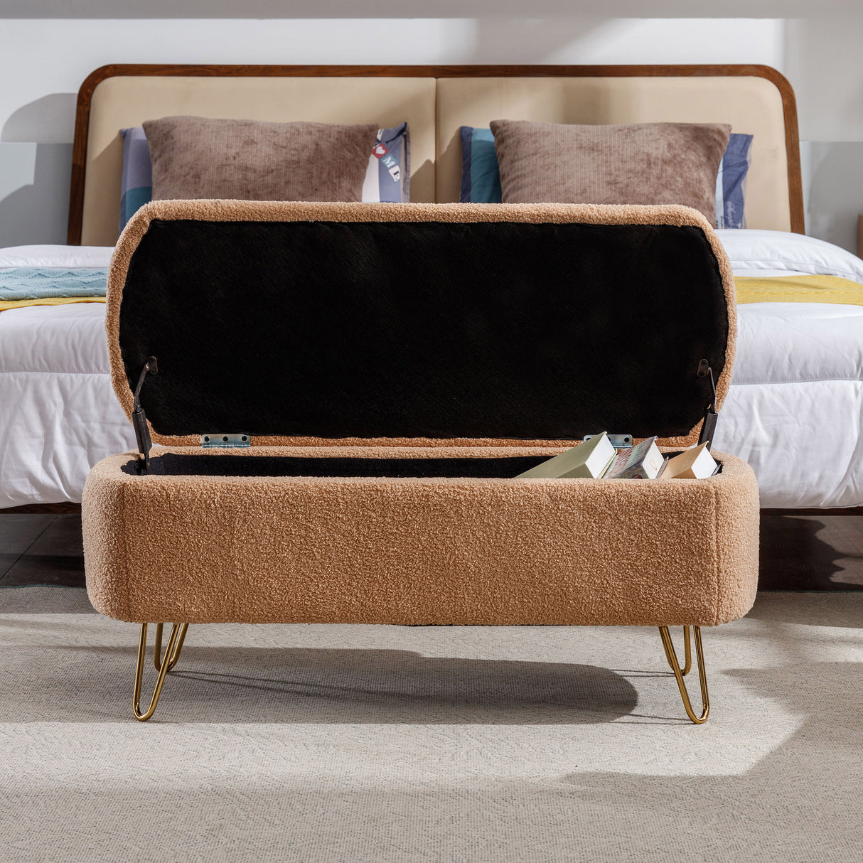 Camel Storage Ottoman Bench for End of Bed Gold Legs - V.I.P Digital Presence