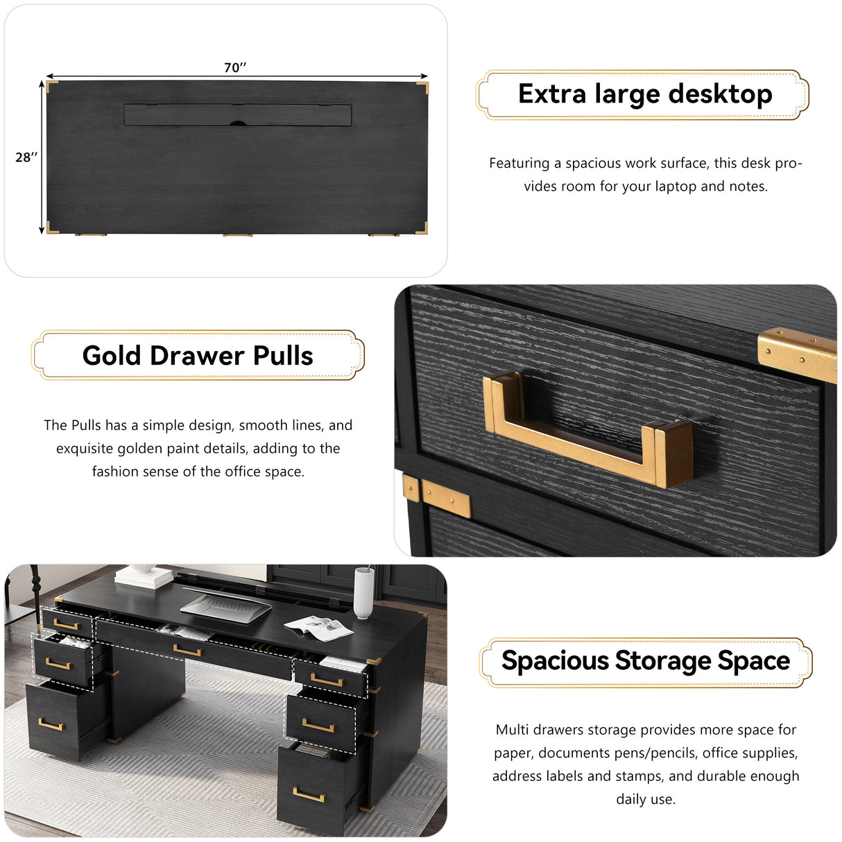 70 inch classic and traditional executive desk with metal trim, writing desk with 2 file drawers, USB ports, and sockets, black - V.I.P Digital Presence