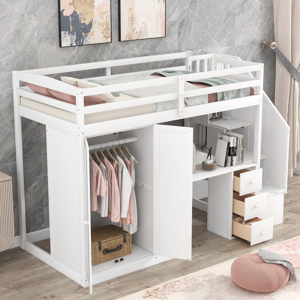 Twin Size Loft Bed with Wardrobe and Staircase, Desk and Storage Drawers and Cabinet in 1 White