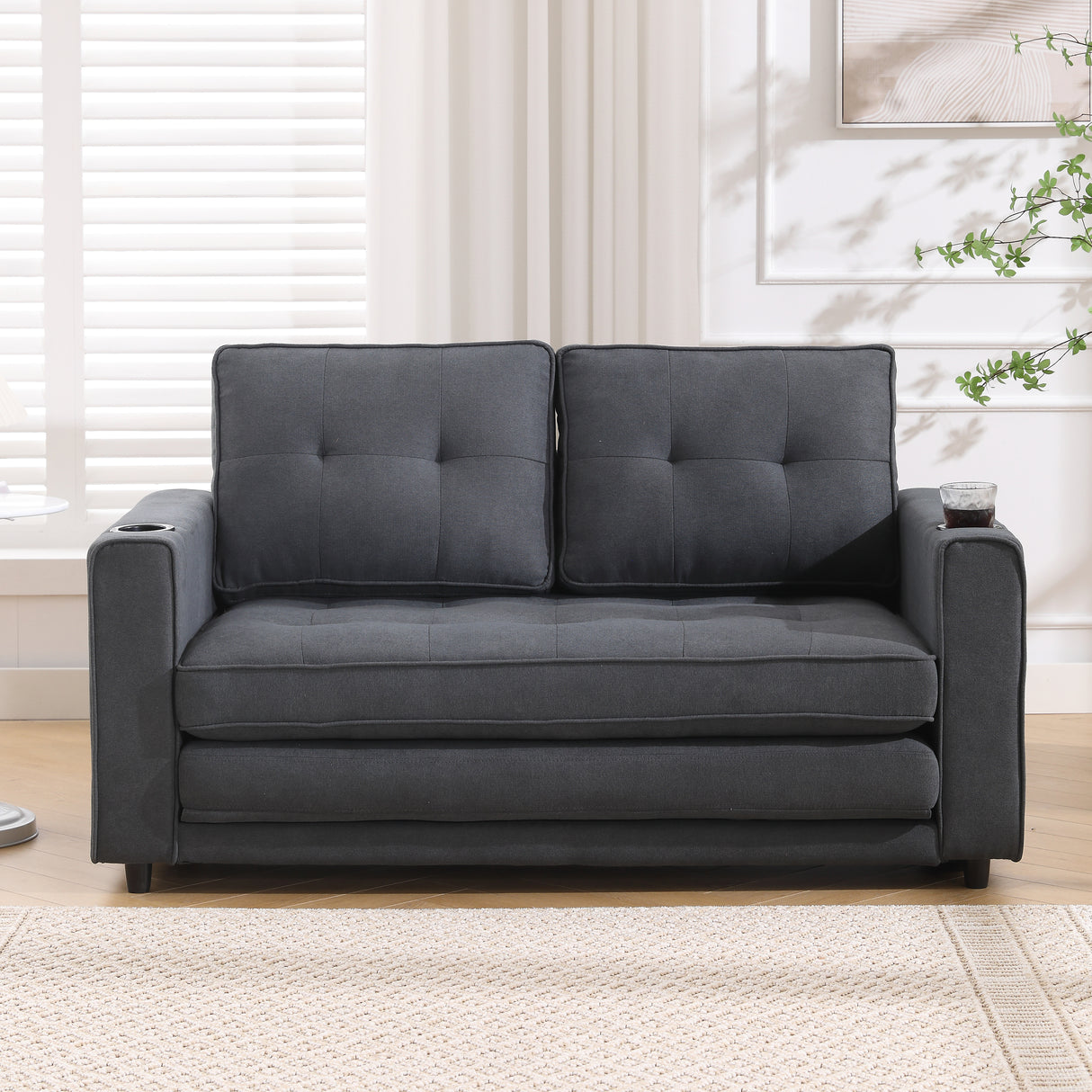 Three in one soft cushion cushion cushion sofa, folding mattress sofa bed, with side pockets and cup holder, dark gray - V.I.P Digital Presence