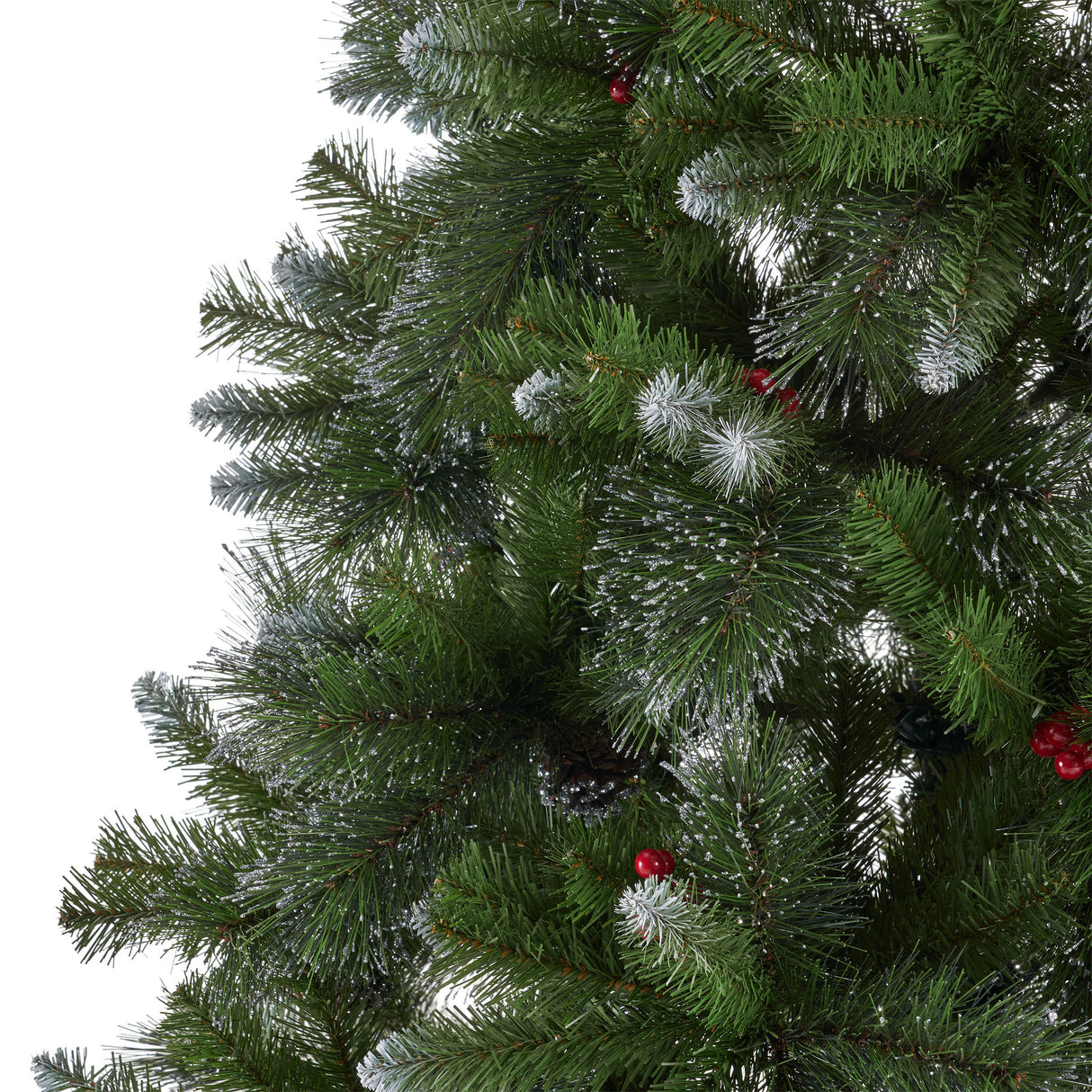 9' Glitter Bristle Mixed Hinged Tree with 72 Red Berry and 73 Pine Cones and 2099 tips,Dia:66 - V.I.P Digital Presence